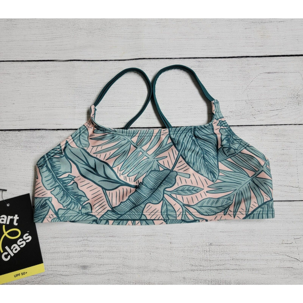 Art Class Bikini Top Teal Green Tropical Leaf Print Girl's Size Small (6/6X)
